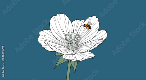 Detailed white anemone flower with a small honey bee pollinating its center against a solid dark blue background.