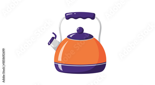Modern orange kitchen kettle with purple handle and base design shown in a flat vector style on a white background.