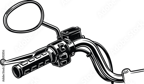 Detailed Line Art Vector Illustration of a Classic Motorcycle Handlebar with a Brake Lever, Grip, and Rearview Mirror for Travel and Hobby Themes.