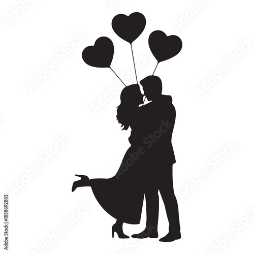 Couple Dancing with Heart Balloons Silhouette