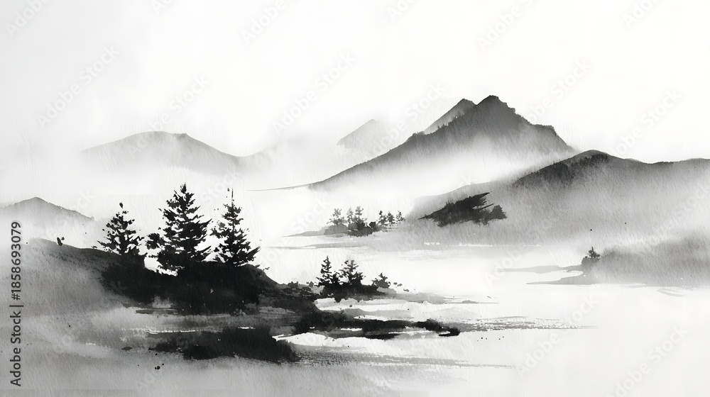 Fototapeta premium Misty Mountain Landscape Painting with Pine Trees.