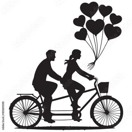 Couple riding bike with heart balloons