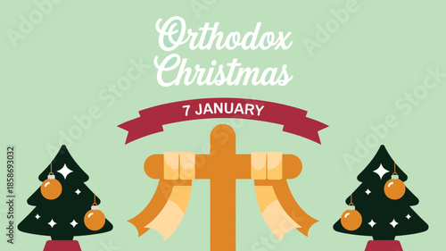 Orthodox Christmas celebration on January 7 with festive ribbon, decorated trees and traditional holiday symbols in flat vector style