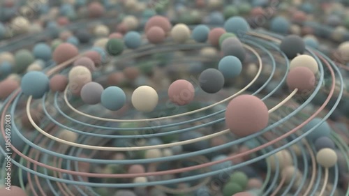 A 3D rendered spiral, featuring spheres connected to a series of concentric, curved lines