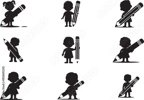 Kids with Big Pencil Silhouette Icon Set, 100 Days of School Vector Design Set.