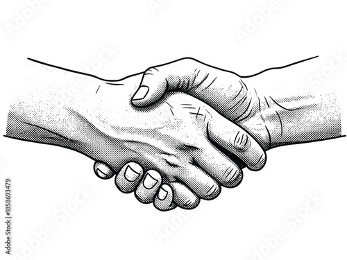 A monochrome illustration depicts a firm handshake between two individuals, symbolizing agreement, partnership, and human connection.