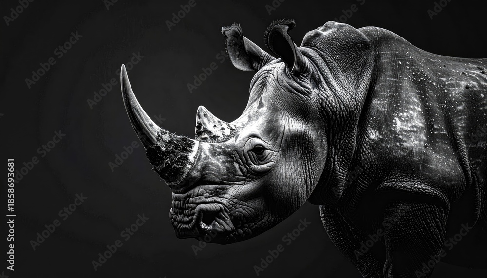 Obraz premium Detailed Black and White Portrait of a Rhinoceros Head Against a Dark Shadowy Background Showing Rugged Skin Texture and a Large Horn