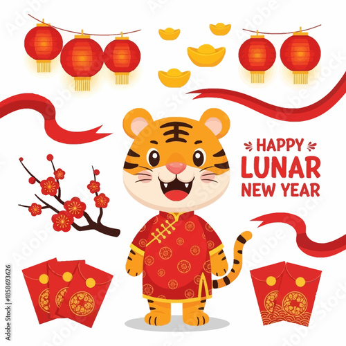 Cheerful cartoon tiger celebrating Lunar New Year with traditional lanterns, red envelopes, and auspicious gold ingots.