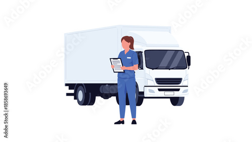 Female logistics worker in a blue uniform stands confidently beside a white delivery truck, holding a clipboard and preparing for her next task.