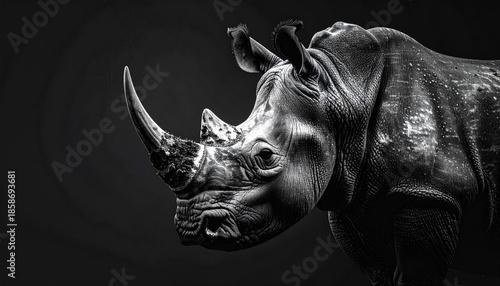 Detailed Black and White Portrait of a Rhinoceros Head Against a Dark Shadowy Background Showing Rugged Skin Texture and a Large Horn