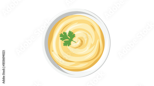 Delicious creamy yellow sauce, possibly mayonnaise or aioli, is perfectly garnished with a fresh green sprig of parsley in a white bowl.
