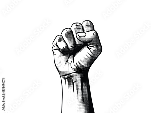 Black and White Engraving Style Illustration of a Raised Fist Symbolizing Power, Resistance, Solidarity, and Activism Against a White Background