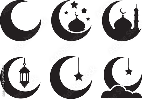 Set of six black moon silhouettes featuring mosque domes stars and hanging lanterns perfect for ramadan and eid greeting elements