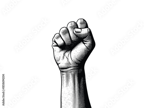 A stark, high-contrast black and white illustration of a clenched fist raised in defiance or solidarity, symbolizing power, resistance, and the fight for a cause.