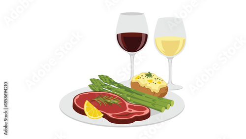 Elegant dinner setting featuring a perfectly cooked steak, fresh asparagus, a loaded baked potato, and two glasses of fine wine.