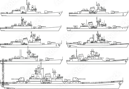 Detailed Line Art Vector Illustration Set of Modern Naval Warships, Cruisers, and Destroyers, Ideal for Military, Navy, Defense Technology, and Marine Engineering Themes.