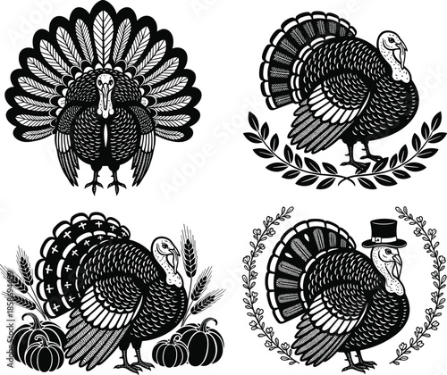 Thanksgiving turkey vector illustration, harvest theme, pilgrim hat, pumpkins, wheat, laurel wreath, autumn decoration, black and white, holiday, seasonal, celebration