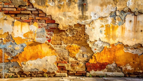 Detailed Close up of Textured Weathered Wall With Peeling Plaster Showing Bricks and Concrete in Warm Sunlight