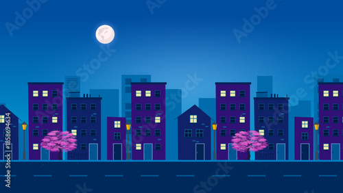 Peaceful Moonlit Cityscape at Night
