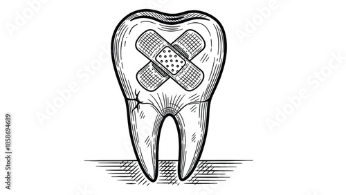 Tooth With Bandages: Healing Dental Care Concept In A Medical Illustration Style
