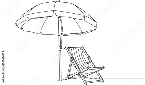 Simple Line Drawing of Umbrella and Beach Chair Setup.