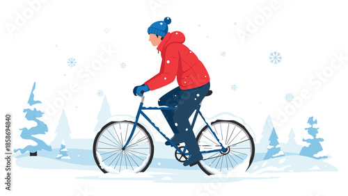 Adventurous man in warm winter attire rides his bicycle through deep snow, with snowflakes falling, showcasing an active outdoor lifestyle.