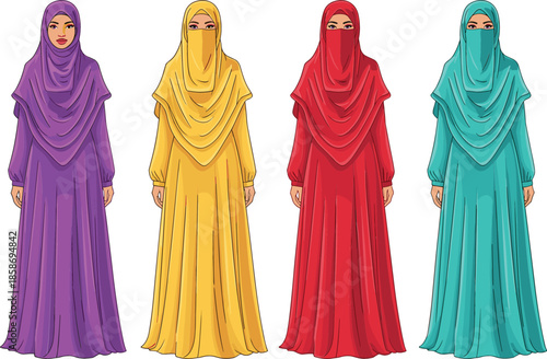 Diverse Group of Four Muslim Women Vector Illustration Wearing Colorful Niqabs and Full-Length Abayas, Representing Modest Fashion and Islamic Culture.