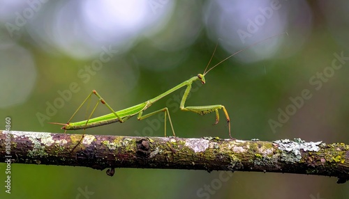 Detailed Macro Shot of a Green Praying Mantis Perched on a Moss Covered Branch in a Lush Forest with Soft Bokeh Background and Natural Sunlight