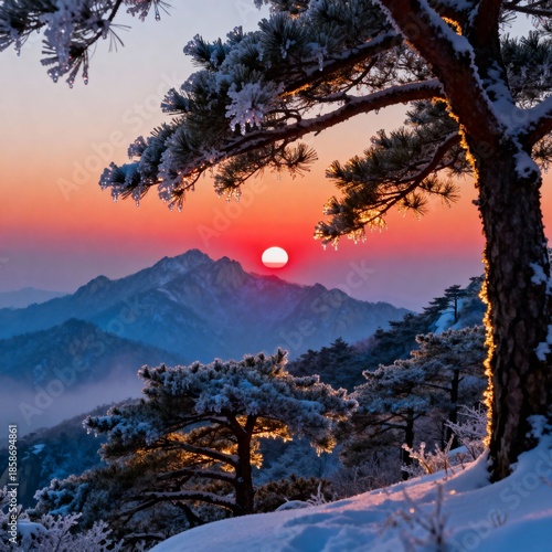 설악산새해일출과눈덮인소나무숲풍경