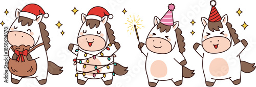 Cute Cartoon Unicorn Characters Celebrating Party with Hats Lights and Magic Wand Flat Vector Illustration Set