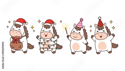 Cute Cartoon Unicorn Characters Celebrating Party with Hats Lights and Magic Wand Flat Vector Illustration Set
