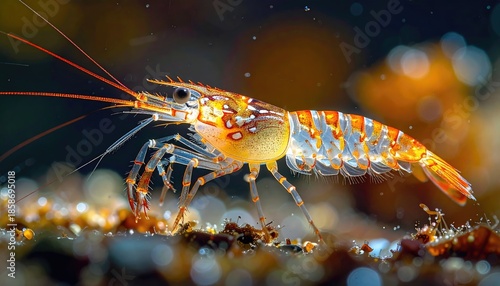 Detailed Macro Shot of a Colorful Orange and White Striped Shrimp Underwater with Soft Bokeh Background