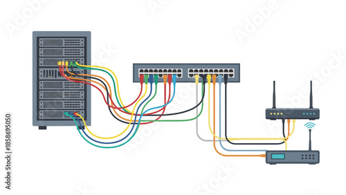 Complex network setup showcasing a server rack, network switch, router, and modem interconnected with numerous colorful ethernet cables.