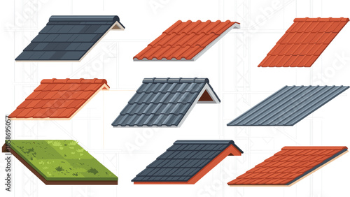 Diverse collection of roof types and materials, including shingles, traditional tiles, modern metal, and sustainable green roofs, for architectural design.