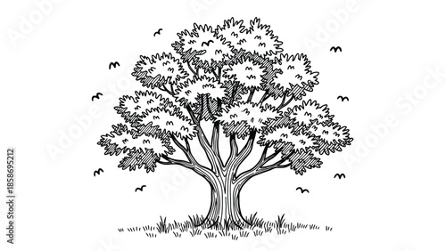 Illustration Of A Large Tree With Dense Canopy Standing In A Grassy Field
