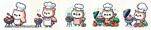 cute owl vector is grilling meat