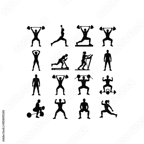 Weightlifting and Fitness Exercise Silhouette Icons Set