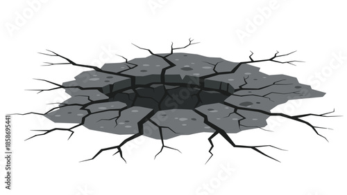 Severe crack in asphalt ground with a deep, dark hole, illustrating geological damage, earthquake aftermath, or road hazards.