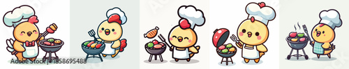 cute chicken vector is grilling meat