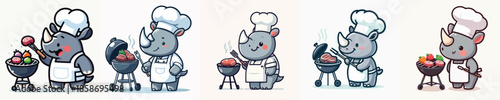 cute rhino vector grilling meat
