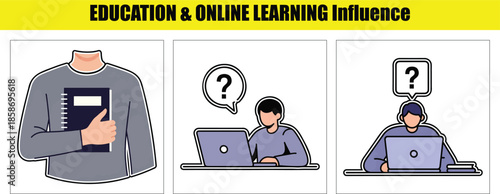 Students with Notebooks Laptops and Question Marks Representing Education learning