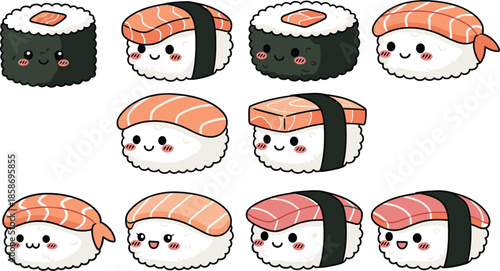 Cute Kawaii Sushi Characters Set with Smiling Faces in Flat Cartoon Style Isolated on White Background
