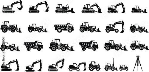 Large construction machinery silhouette icon set with excavators, bulldozers, loaders, dump trucks, and surveying equipment for industrial design