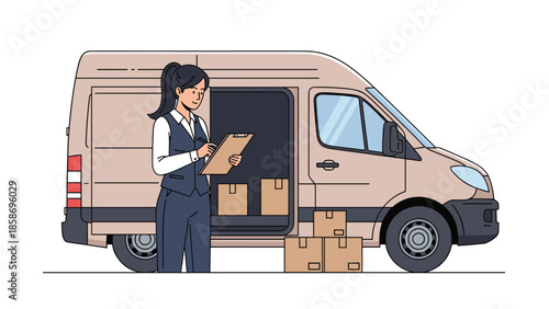 Diligent female delivery driver stands beside an open cargo van, meticulously checking a clipboard with packages visible inside.