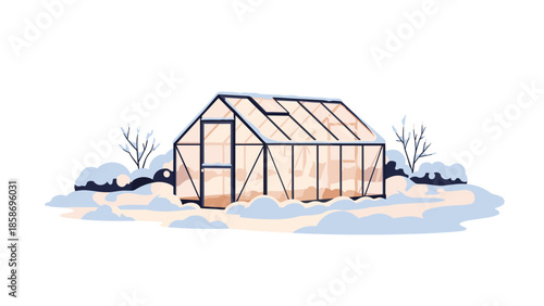 Modern greenhouse structure stands resilient in a snowy winter landscape, offering a warm haven for plants amidst the cold environment.
