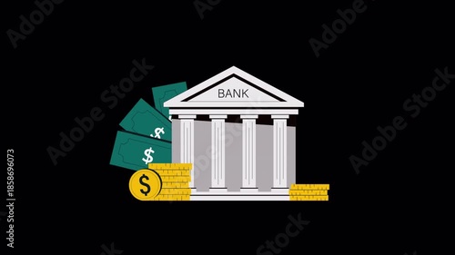Bank Building with Money and Upward Arrow. Financial Growth Concept Animation Video - Transparent