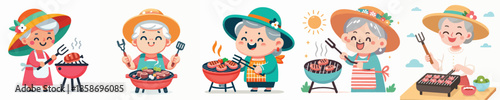 vector of grandma grilling meat
