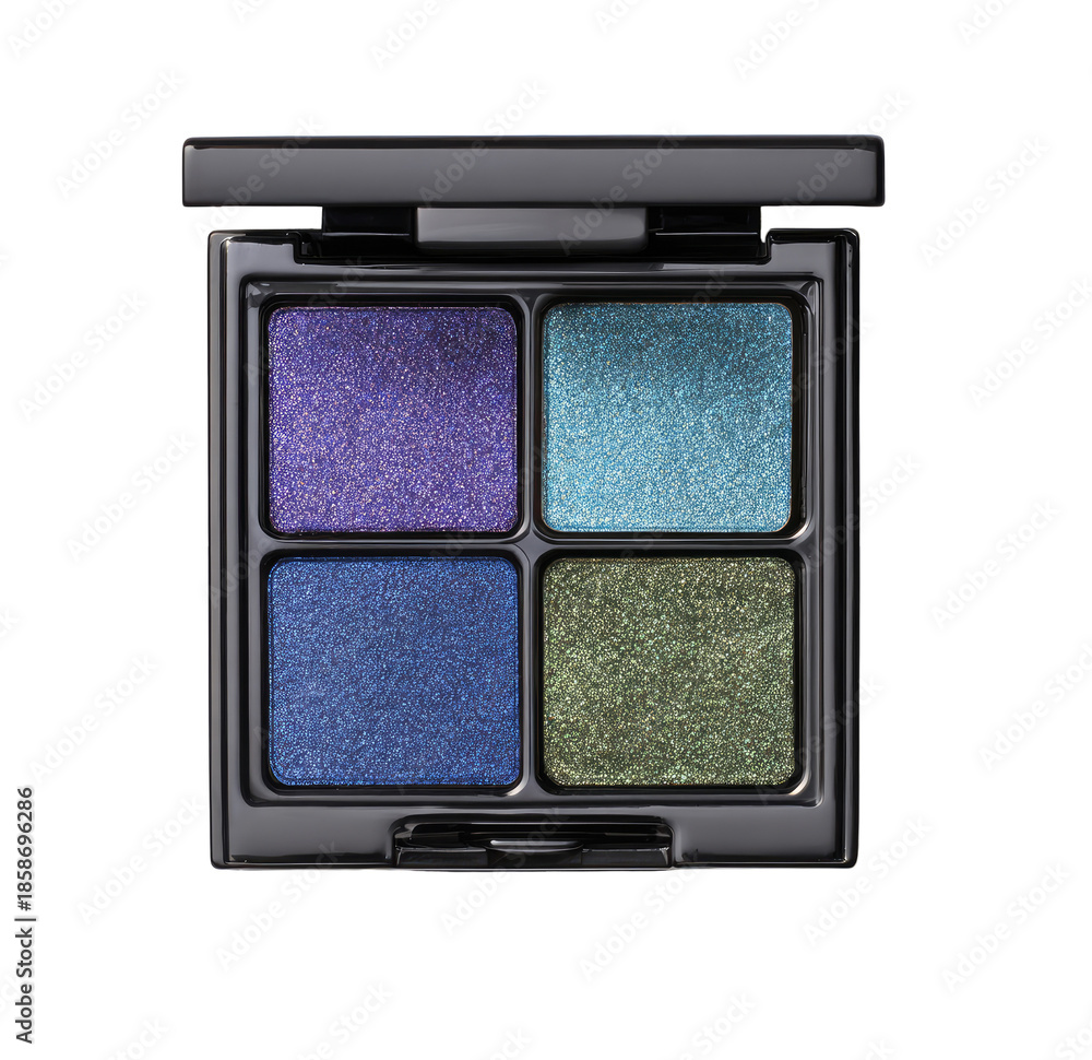 Fototapeta premium Four-square compact eyeshadow palette. Dark gray/black case. Shimmering, vibrant shades of purple, blue, teal, and green eyeshadows