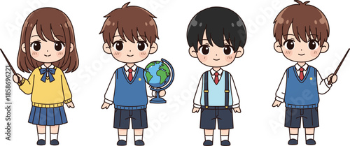 Cute School Children Characters with Teacher and Students in Uniform Flat Cartoon Vector Illustration Isolated