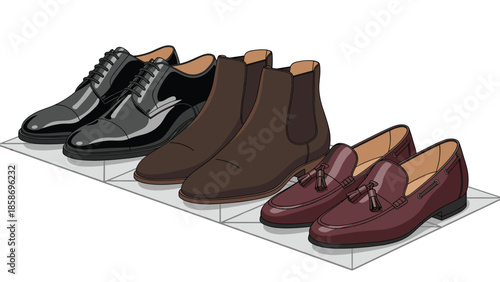 Diverse collection of men's elegant dress shoes, featuring oxfords, classic Chelsea boots, and stylish loafers, neatly arranged on a shelf.